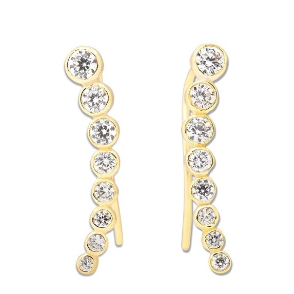 Sterling Silver Gold-Plated Bezel-set CZ Curved Ear Crawler Cuff Earrings (Multiple colors available)