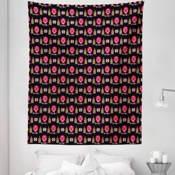 Dia de los Muertos Tapestry, Candles and Flowers Mexican Art Repeated Illustration, Fabric Wall Hanging Decor for Bedroom Living Room Dorm, 5 Sizes, Charcoal Grey and Multicolor, by Ambesonne