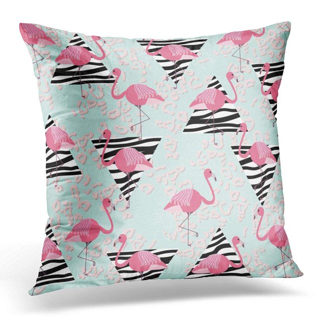 EREHome Housse de Coussin Bleu Été avec Flamants Roses Zèbre Triangles et Léopard Géométrique Abstrait Vintage Style Années 90 Housse de Coussin Décoration Maison Canapé 16x16 Pouces