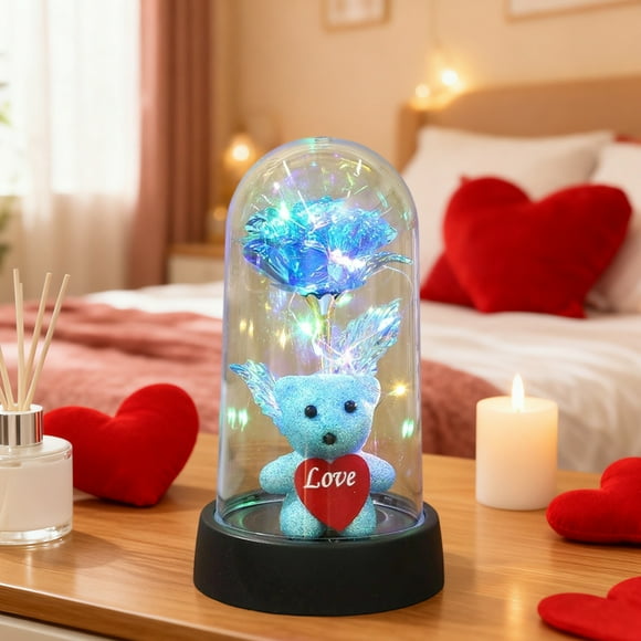 Costeam 8.5x15.5cm Valentine’s Day Preserved Rose Bear Heart Figurine,Eternal Flower Ornament for Gift and Home Decor,Romantic Accessory
