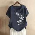 thumbnail image 2 of Women's Floral Printed Tops Plus Size Crew Neck Botton Short Sleeve Shirts 2025 Summer Fashion Casual Blouses (3XL, Navy), 2 of 4