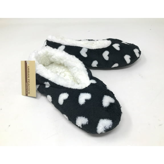 Women's Plush Fleece Lined Cozy Sherpa Gripper Slippers in Hearts: Black & White