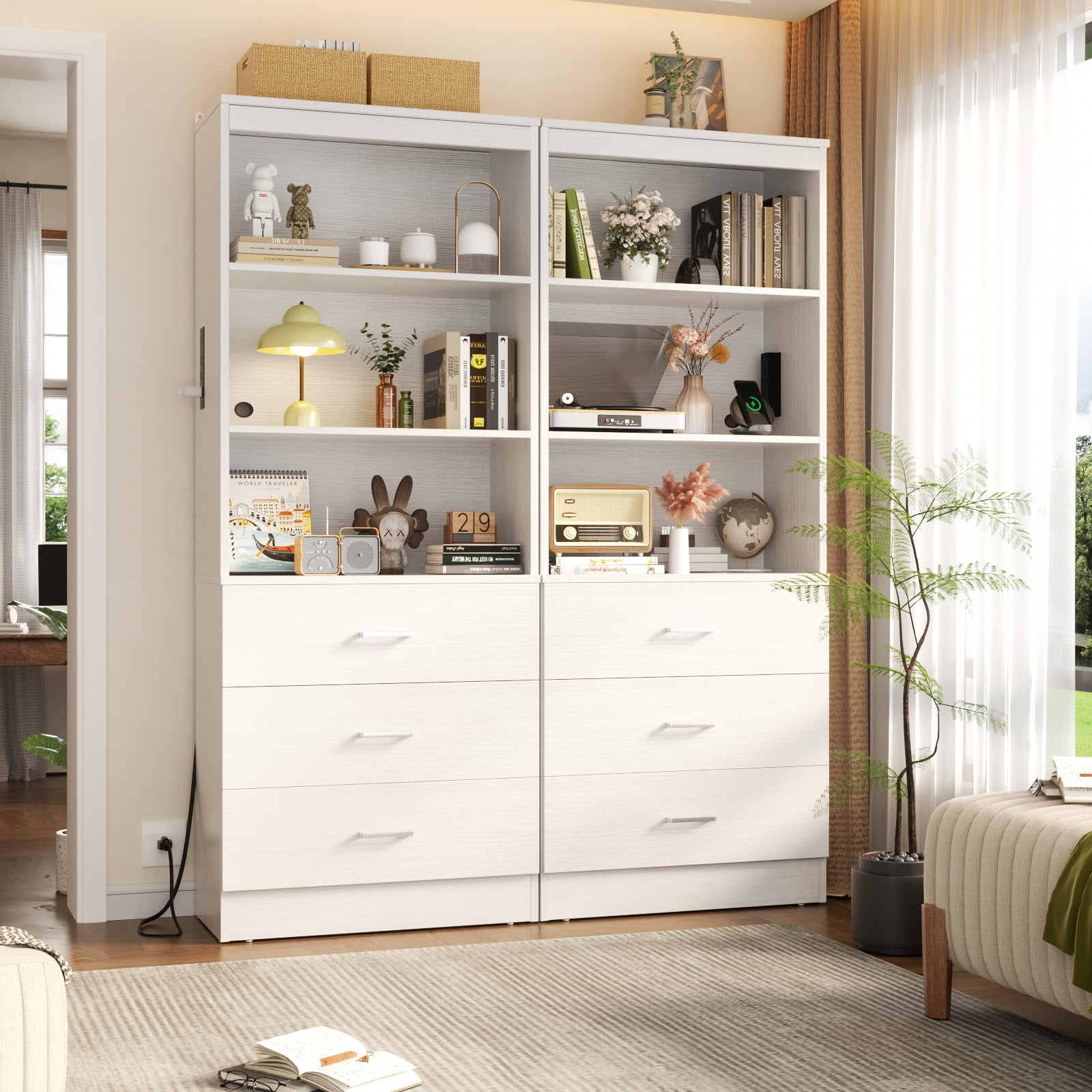 Homieasy 71" Tall Bookcases with 3 Large Drawers & 3 Shelves, Wooden Bookshelf for Living Room Office, with USB Ports & Outlets.White