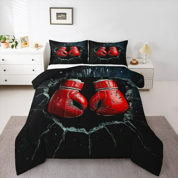 Manfei Boys Boxing Gloves Bedding Sets Toddler with Comforter,Broken Glass Duvet Insert,Black Red Comforter Sets Toddler Size,Microfiber Bedroom Decorative Reversible,2pcs