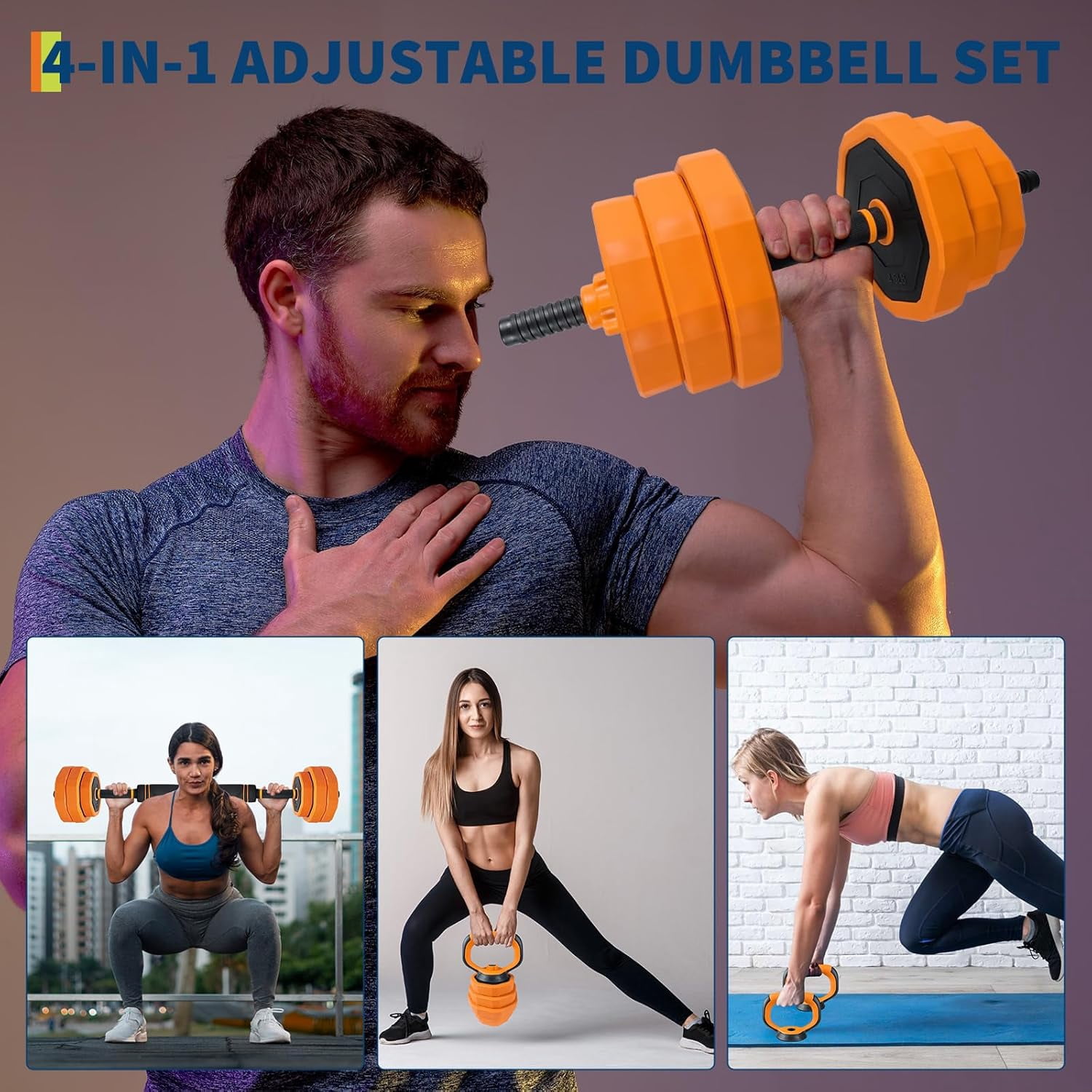 4-in-1 Adjustable Dumbbell Set, Weight Set Used as Dumbbell, Barbell, Kettlebells & Push up Stand, Home Gym Fitness Exercise Equipment for Men Women