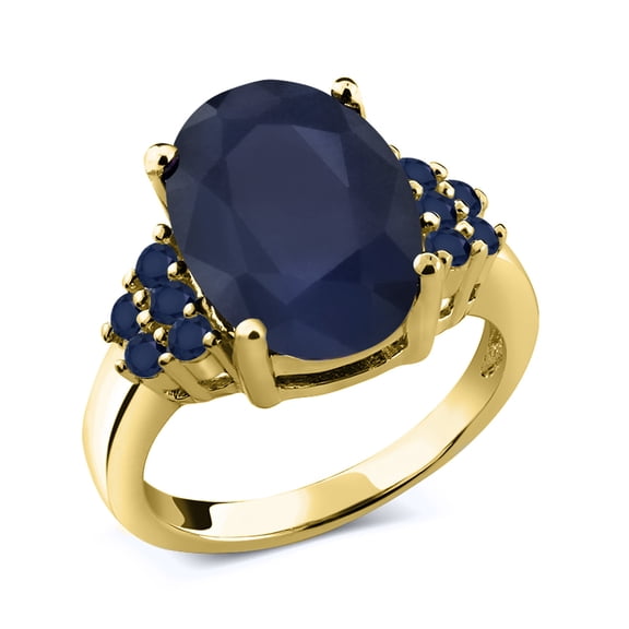 Gem Stone King 7.01 Ct Oval Blue Sapphire 18K Yellow Gold Plated Silver Ring (Size 6)