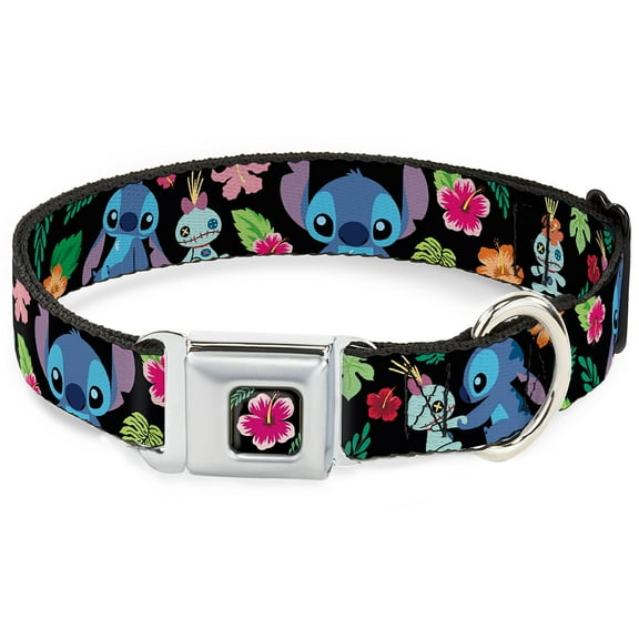 Disney Pet Collar, Dog Collar Metal Seatbelt Buckle, Stitch Scrump Poses Tropical Flora, 9.5 to 13 Inches 1.0 Inch Wide