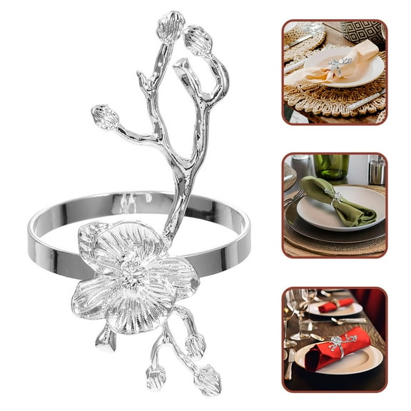 IDEANATEGRATE 1Set Metal Flower Napkin Ring Silver Iron Alloy Elegant Design For Party Wedding Banquet Dining Table