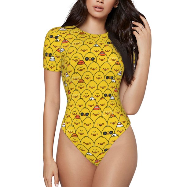 Balery Funny Ducks Body de cuello redondo de manga corta para mujer Tops de manga corta Tops básicos-Small