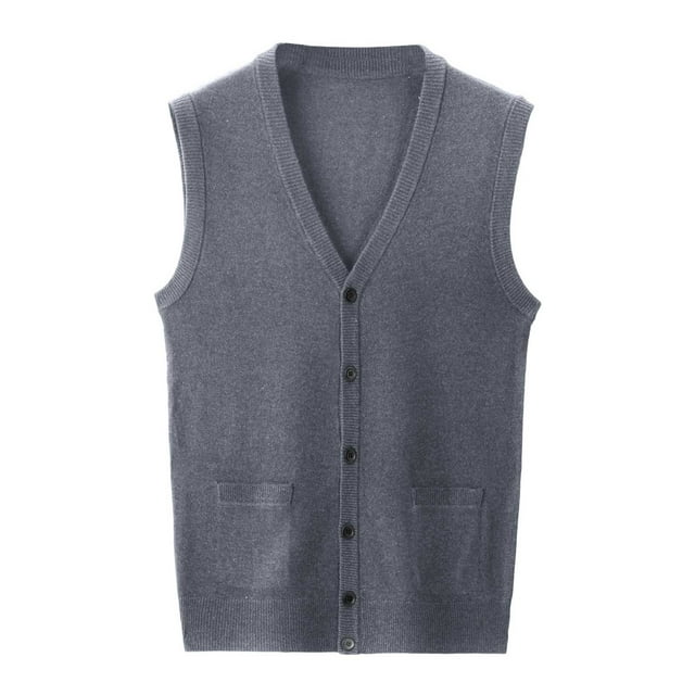 Men's Sweater Vest for Autumn and Winter – V Neck Pure Color Wool Collarless Knit Vest with Buckle Detail Non Hooded Basic Sleeveless Layering Top for Men