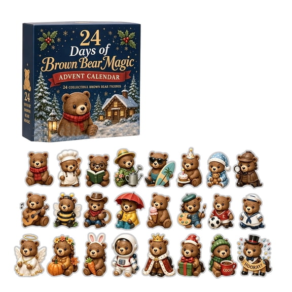 24 Days of Brown Bear Magic Advent Calendar, 24-Day Countdown with 24 2D Acrylic Brown Bear Collectibles, Christmas Holiday Decor