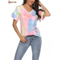 thumbnail image 4 of Spencer Womens Tie-Dye Printed Gradient Pocket Front T-Shirts V Neck Short Sleeve Casual Tunic Blouse Tops (L, Pink), 4 of 8
