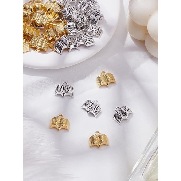 40Pcs 2 Colors Teachers' Day Alloy Charms Book Shape Jewelry Accessories Antique Silver & Golden Pendants Decoration for Bracelet Necklace Jewelry Making and Crafting 11x12x3.5mm