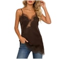 thumbnail image 3 of Women's Deep V Neck Tops Spaghetti Strap Satin Lace Trim Tank Top Asymmetrical Hem Silky Coquette Style Daily Going Out Summer Camisole, #02 Brown, S, 3 of 7
