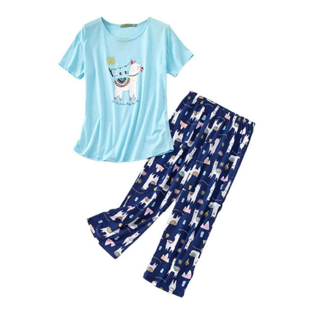 Onqubzoe Pyjama pour Femmes Ensemble Pyjama pour Femmes Été Col Rond Ensemble Pyjama Manches Courtes Pantalon Long Pyjama d'Été pour Femmes Bleu Foncé 3TG