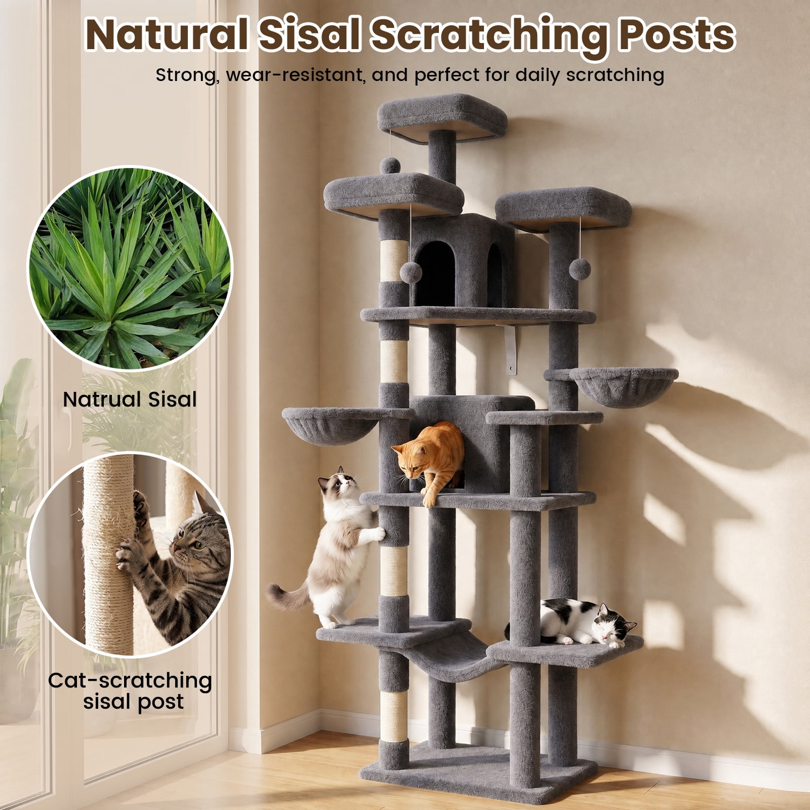 80" Cat Tree Tower, Big Cat Tower for Multiple Adult Cats, Multi-Level Tall Cat Tree with 3 Platforms, 2 Condos, 2 Hanging Basket, Hammock and Scratching Frame for Indoor Kitties, Dark Grey