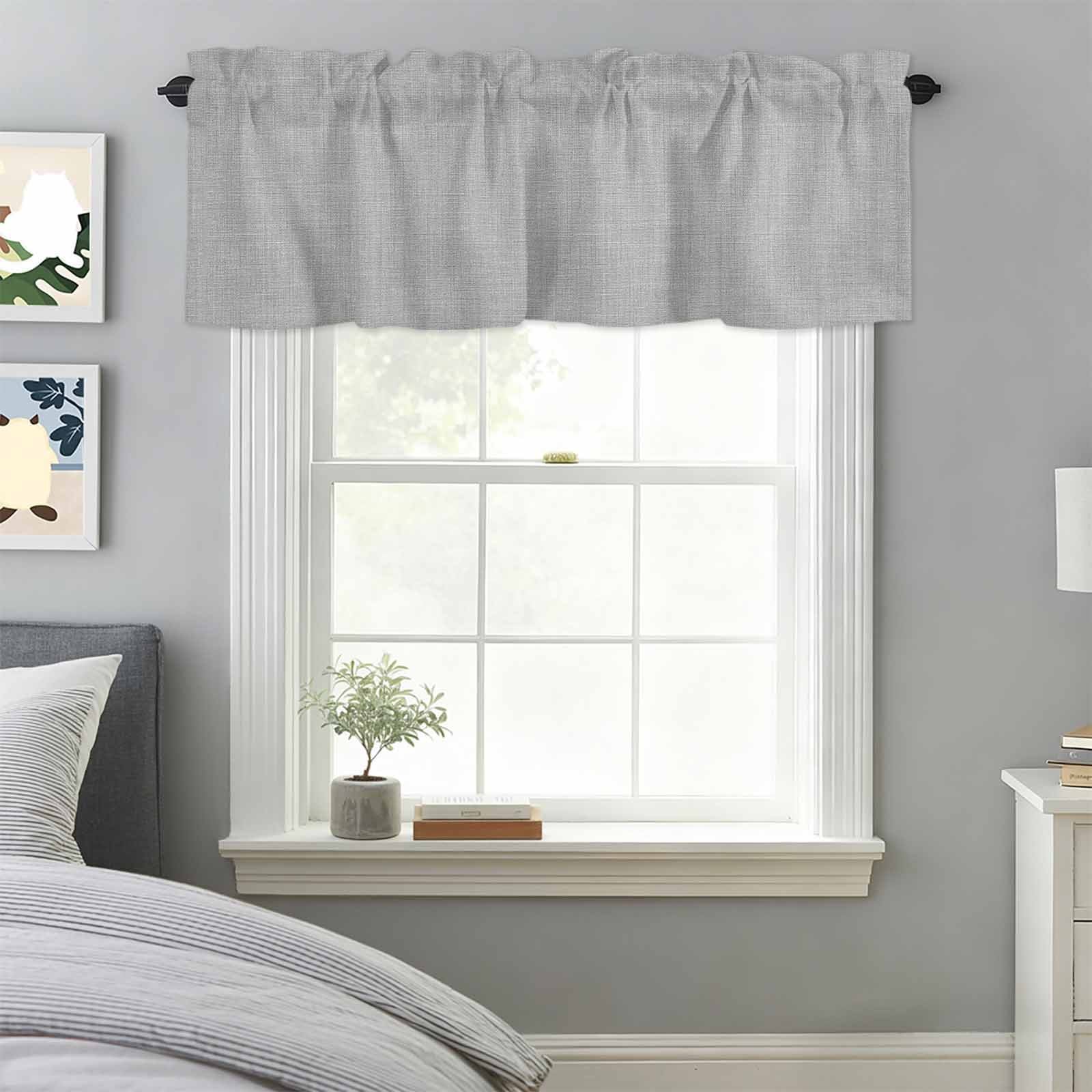 Solid Color Gray Valances for Windows,Rod Pocket Valance for Kitchen Bedroom Bathroom Living Room, Vintage Linen Monochrome Pattern Window Valance Curtain Farmhouse Home Decor Short Curtains 60x18in
