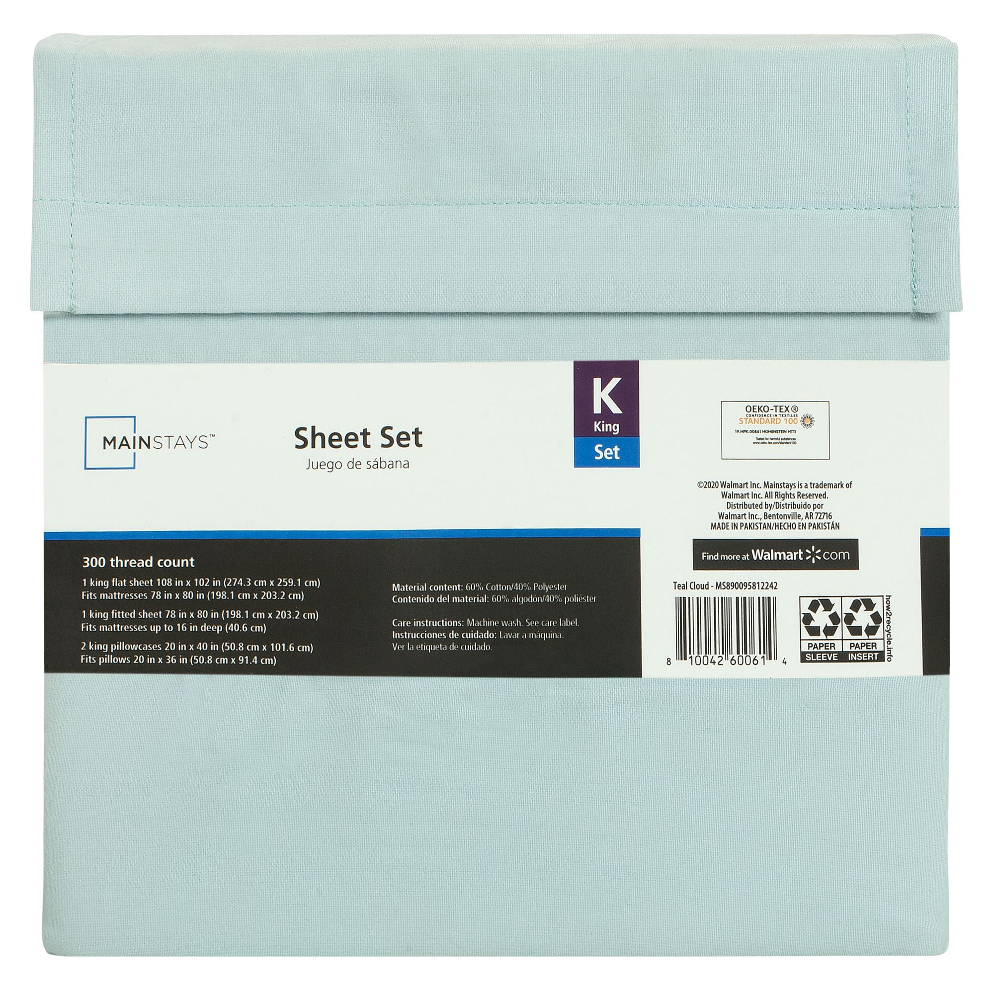 Teal, Cotton Rich Percale, King Sheet Set, Mainstays Easy Care 300 TC
