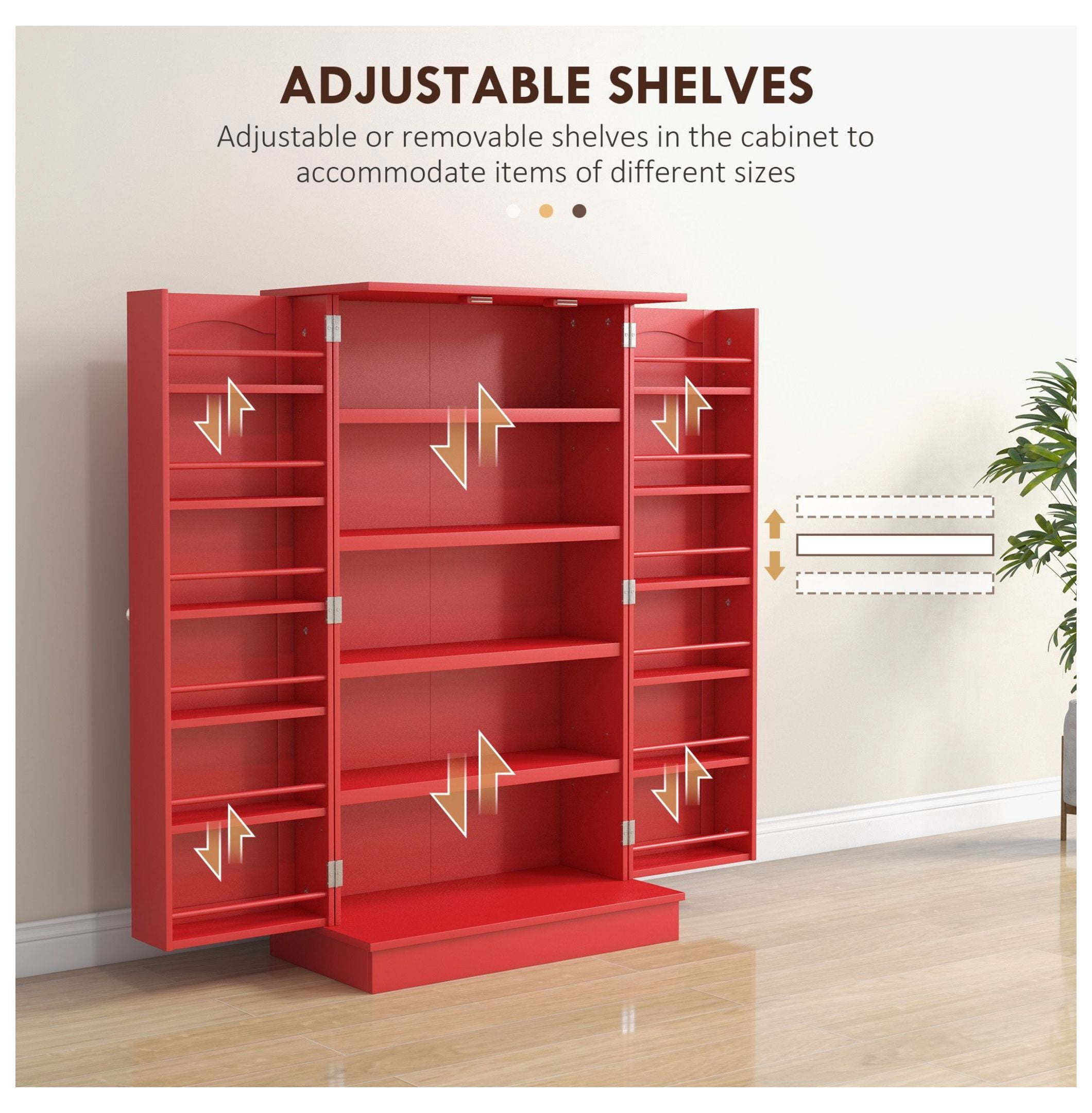 Kitchen Sideboard Cabinet, 40.9" Freestanding Pantry Storage, Red Finish, 5-Tier Shelves, Double Door Kitchen Organizer for Dining Room