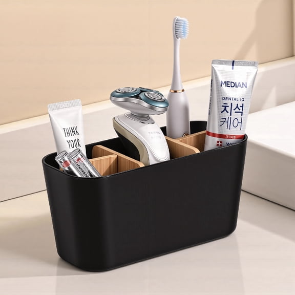 Toothbrush Holders for Bathrooms, Bamboo Tooth Brush Holder with 5 Slots Bathroom Vanity Organizer Countertop for Electric Toothbrushes, Toothpaste, Razors - Black