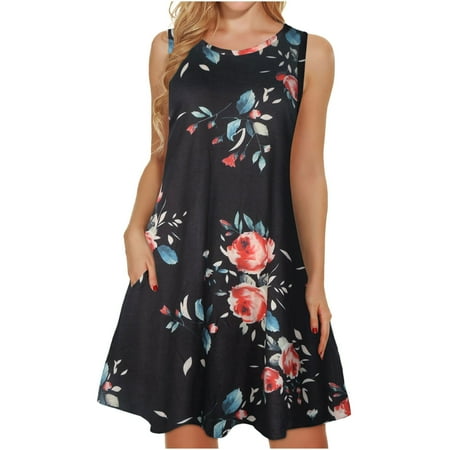 

FREE SHIPPING-camisole Fashion Women Sleeveless Rounk Neck Summer Comfy Printing Pockets Casual Loose Tank Dress nightgowns for women lingerie valentines day birthday gifts Black
