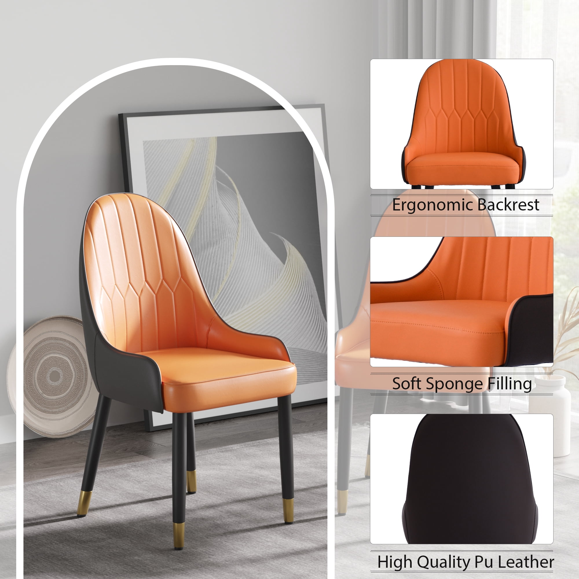 Modern PU Leather Dining Chairs - Set of 2, Orange/Dark Brown, Solid Wood & Metal Legs, Ergonomic Padded Seat, Water/Stain Resistant, Space-Saving Design for Dining Room & Living Room