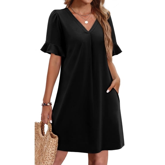 TEMOFON Summer Dresses for Women Ruffle Short Sleeve V Neck Casual T Shirts Dresses with Pockets Sundress