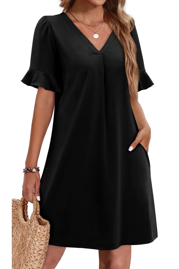 Summer Dresses for Women Ruffle Short Sleeve V Neck Casual T Shirts Dresses with Pockets Sundress