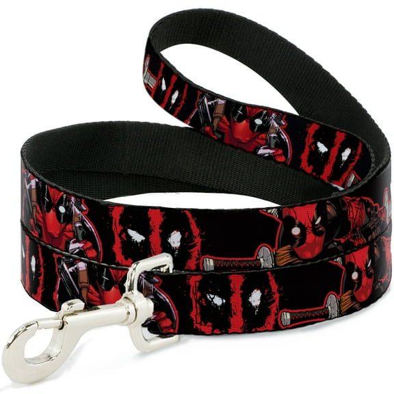 Marvel Comics Pet Leash, Dog Leash, Deadpool Action Poses Splatter Logo Black Red White, 4 Feet Long 1.0 Inch Wide