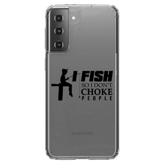 DistinctInk Clear Shockproof Hybrid Case for Galaxy S21  PLUS 5G (6.7" Screen) - TPU Bumper Acrylic Back Tempered Glass Screen Protector - I Fish So I Don't Choke People