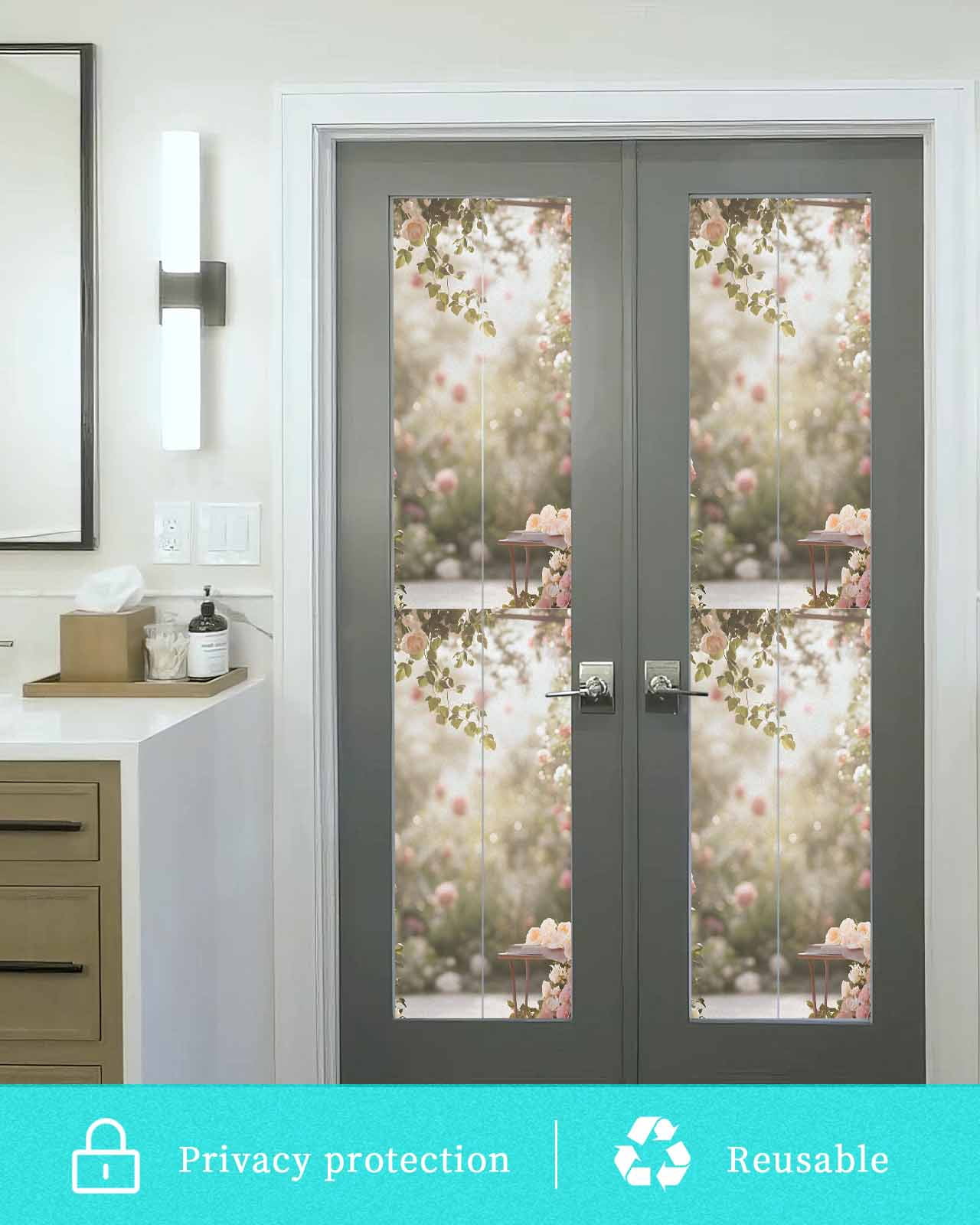 Window Privacy Film Pink Rose Spring Floral Stained Glass Window Film Decorative Sun Block Window Cover Summer Roses Flowers Farmhouse Window Clings Static Adhesive Sticker for Bathroom 23.6"x78.7"