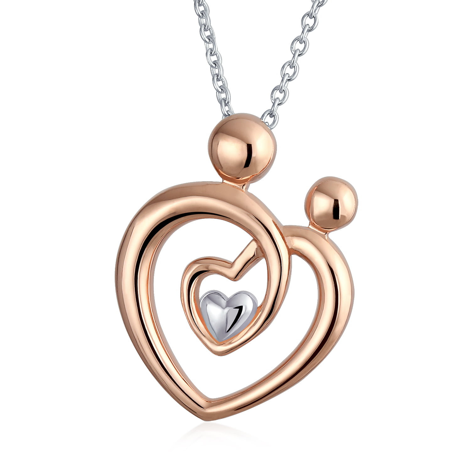 Sparkly Bride Mother Mum Mom Child Family Heart Pendant Necklace Chocolate CZ Rose Gold-Flashed Women Fashion 18in 