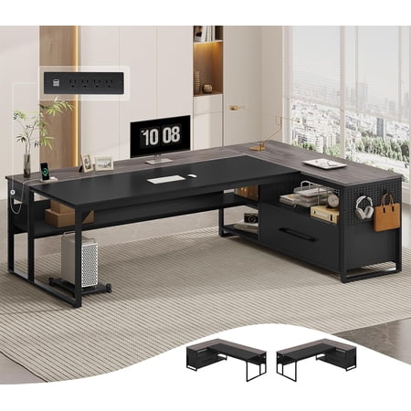 71 L Shaped Executive Desk Large Office Desk with Widen File Drawers and Power Outlets Reversible Computer Desk Corner Desk with Storage Shelves Gray