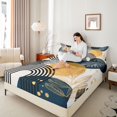 thumbnail image 3 of Castle Fairy Boho Tropical Leaf Bed Sheets 4pcs for Boys, Geometric Print King Sheets for Bedroom, Navy Gold, 3 of 6