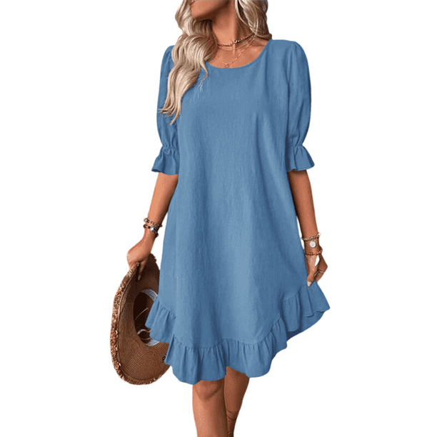 Vestido Corto Holgado con Mangas Abullonadas, Bajo con Volantes, Cuello Redondo y Fruncido, Color Azul Pavo Real, Talla S