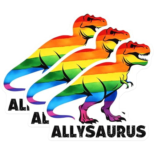 (3 Pack) AllySaurus Decals - Pride Dinosaur - LGBT Ally Decal - 3 Inches On Longest Side - Easy Peel & Apply - Made in USA - 3MCS8427