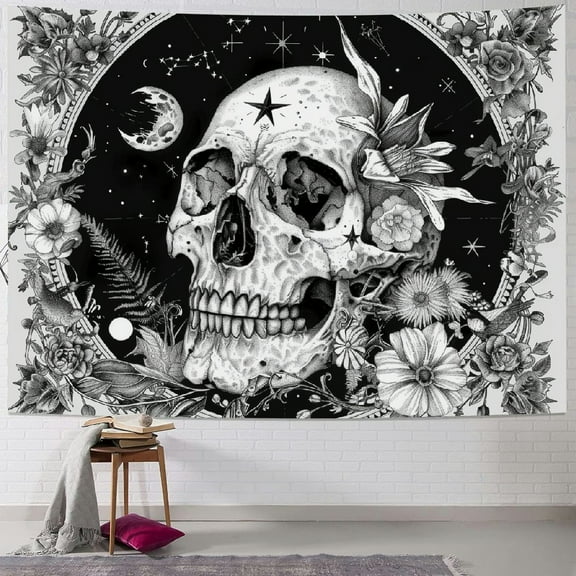 JRXY Black and White Skeleton Tapestry Bedroom Skull Mushroom Tapestries Hippie Nature Plants Floral Flower Aesthetic Tapestry Wall Hanging for Living Room Dorm (Black) Painting