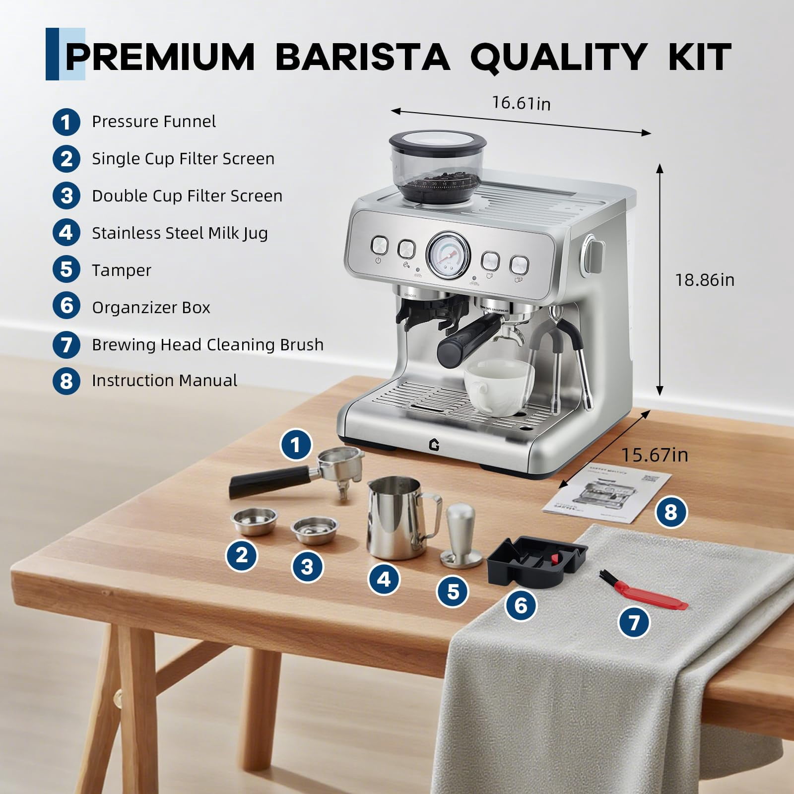 Home Office Adjustable Shot Volume 20 Bar Pressure Stainless Steel Espresso Machine with Grinder, 2.8L Removable Water Tank, Milk Frother Steam Wand for Latte/Cappuccino