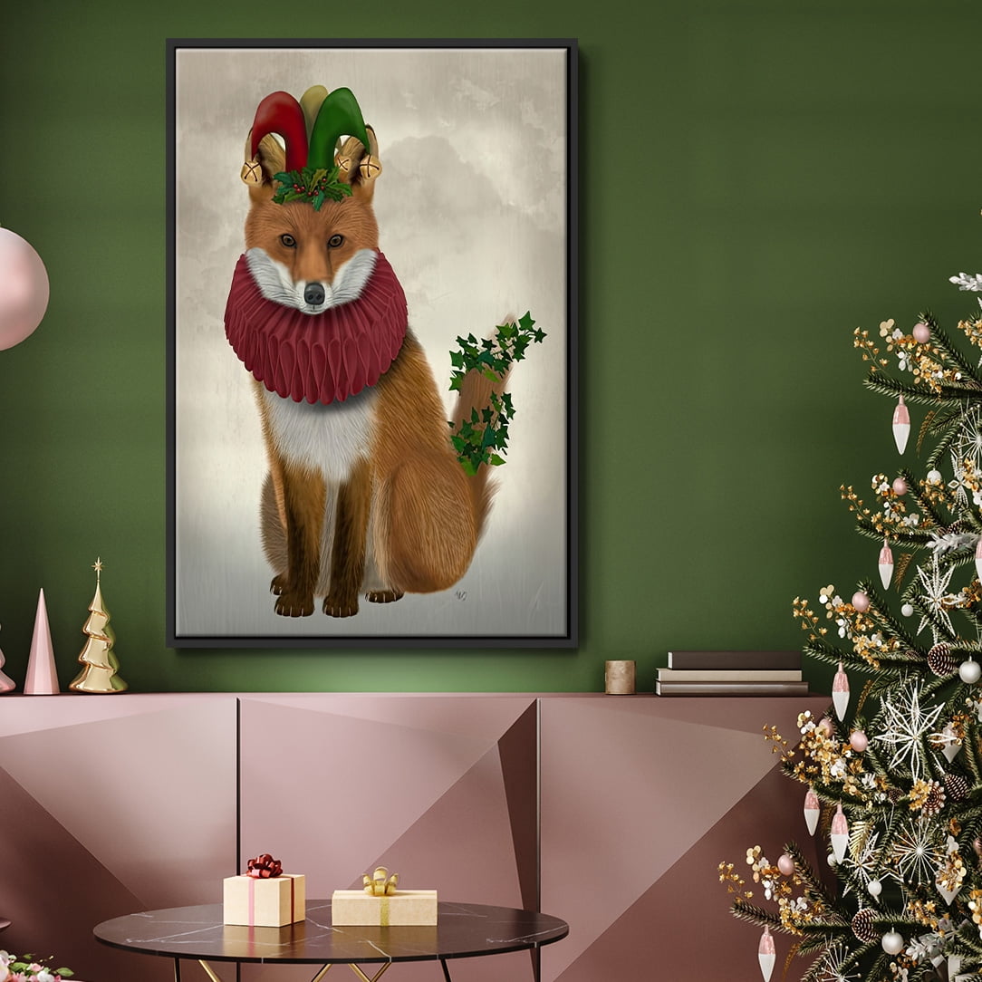 Christmas Holly and Ivy Fox - Framed Gallery Wrapped Holiday Canvas - 27 x 41 - Black Frame