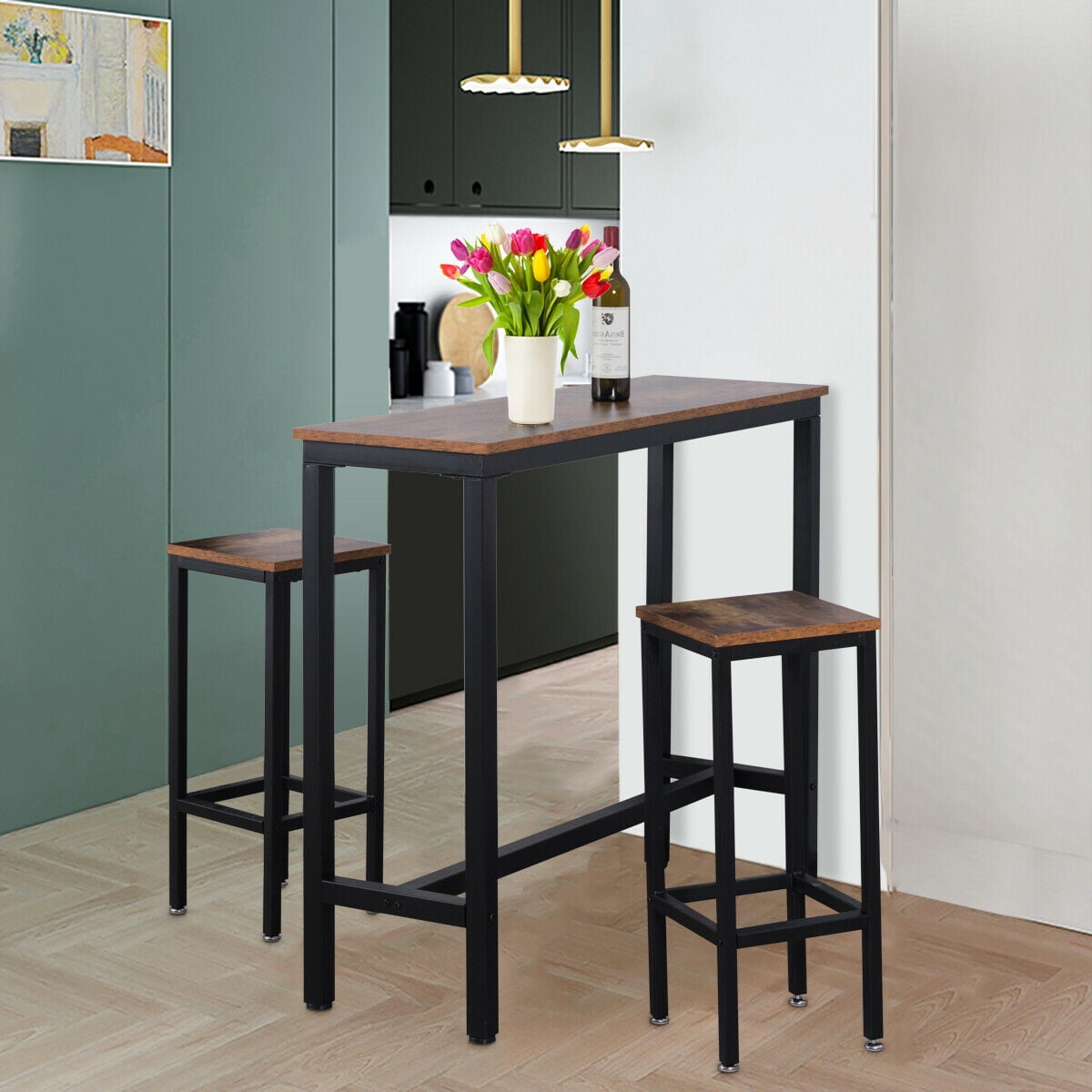 Gymax Counter Height Bar Dining Table Stools Set Rustic Brown, 3 Pieces