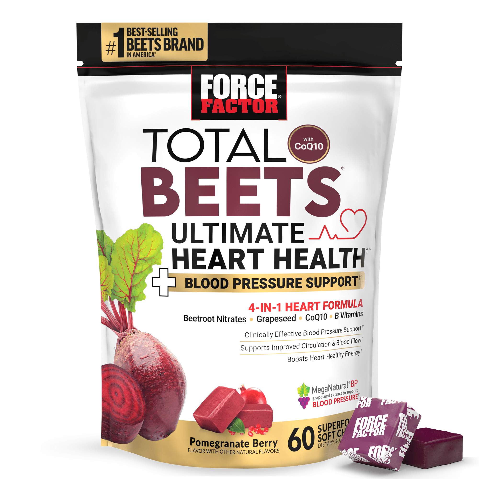 Force Factor Total Beets Ultimate Heart Health, Blood Pressure Support with CoQ10 & Beet Root for Nitric Oxide, Pomegranate Berry, 60 Soft Chews