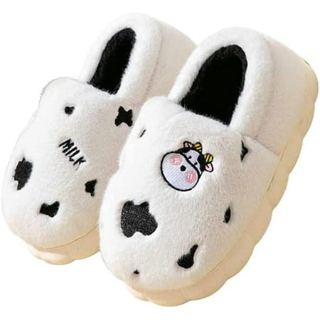 

DanceeMangoo Cute Cow Print House Slippers for Women Men Soft Cozy Furry Fluffy Fur Wrap Heel Indoor Shoes