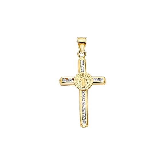 Genuine 14k Yellow Gold San Benito Cross Pendant with Cubic Zirconia – Solid Gold Religious Necklace Charm, 35mm x 17mm, Lightweight Spiritual Jewelry Gift