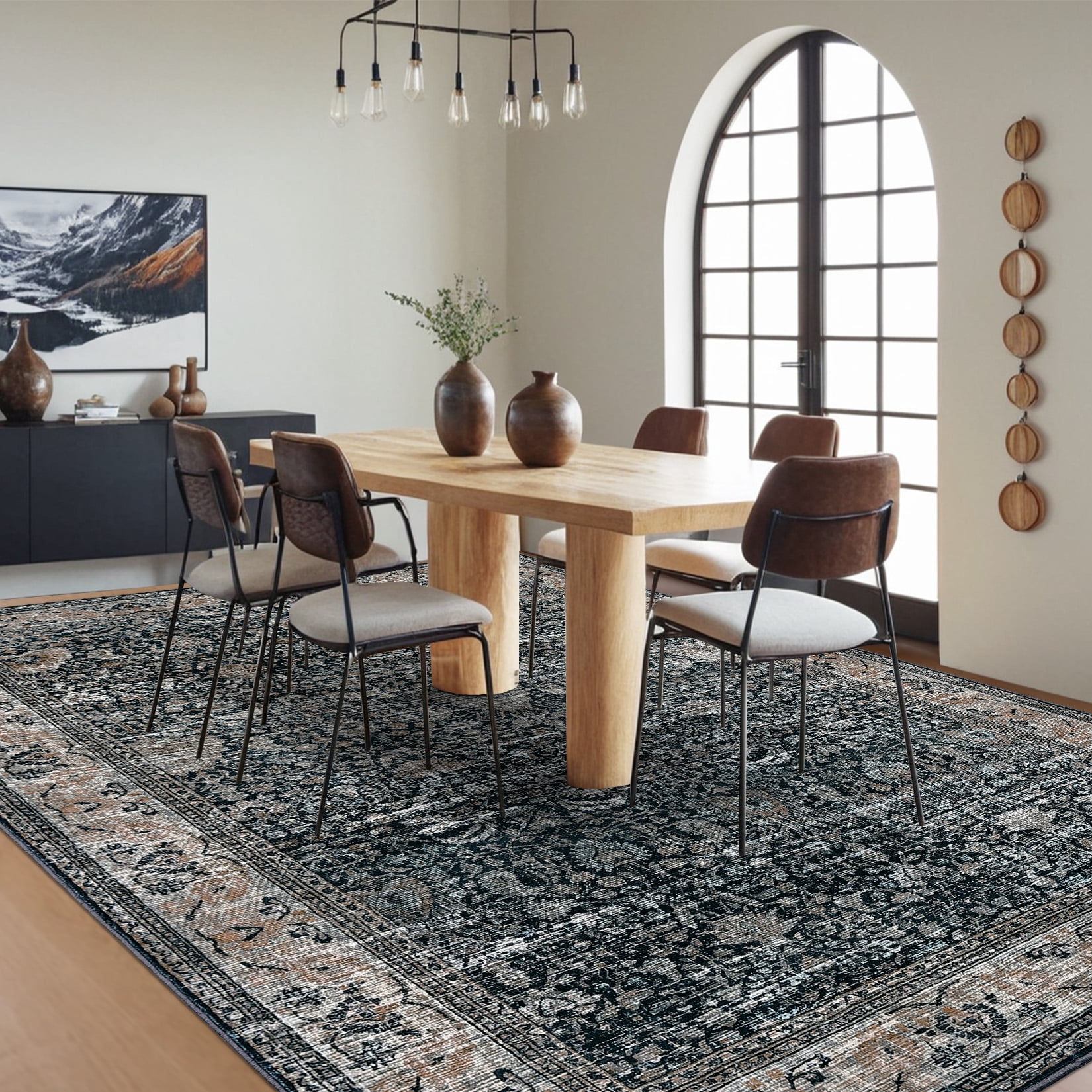 Washable Area Rugs, Black 9'X12' Antique Distressed Large Rug for Living Room, Modern Non Slip Stain Resistant Vintage Print Accent Carpet Floor Mat for Bedroom Dining Office Farmhouse