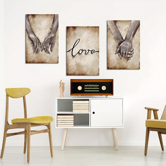 3pcs Love Canvas Wall Art Hand in Hand Picture Painting Decorative Prints for Couple Lovers Bedroom Wall Decor Framed
