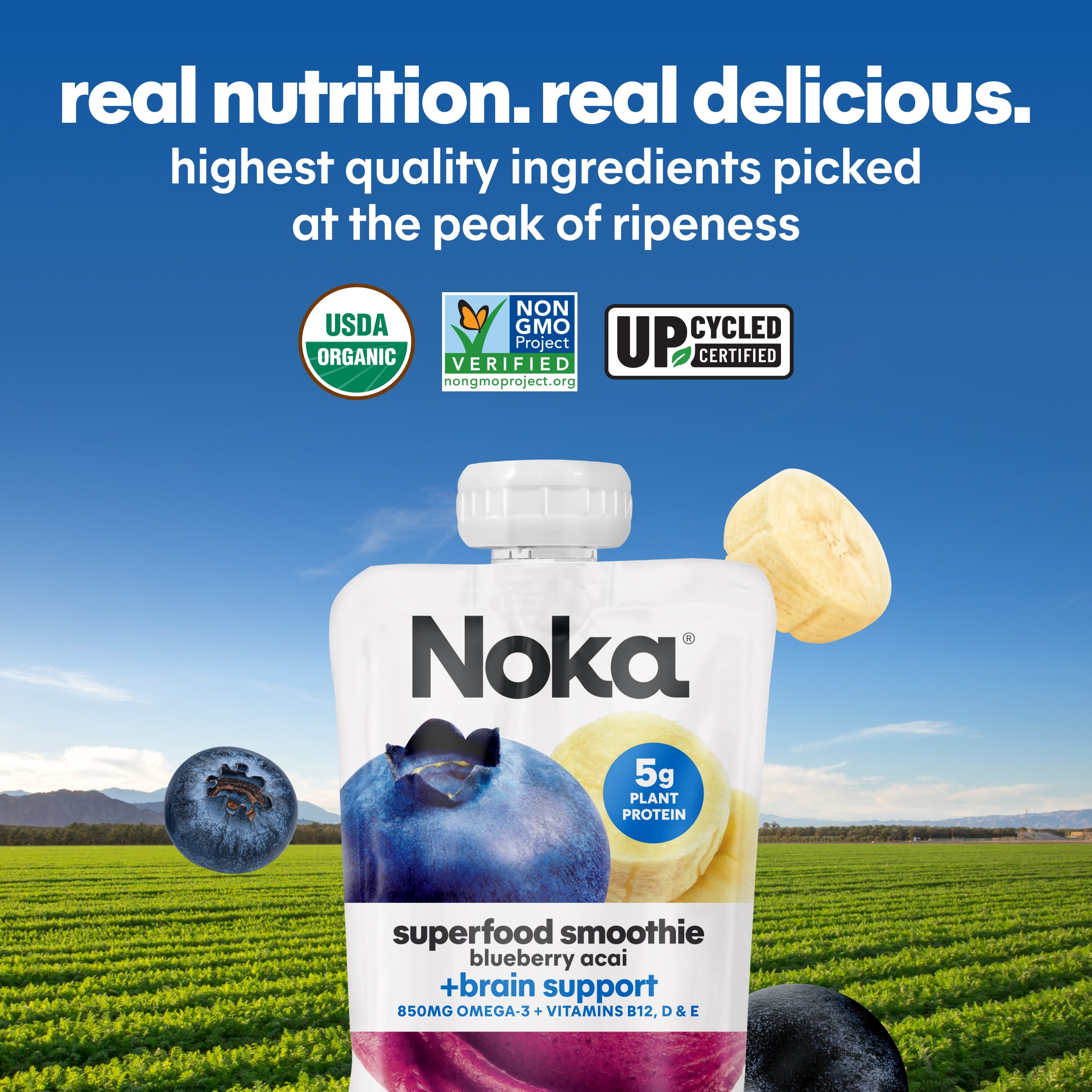 Noka Organic Superfood Smoothie Pouches, Plant Protein, Blueberry Acai, 4.22oz, 4 Pack