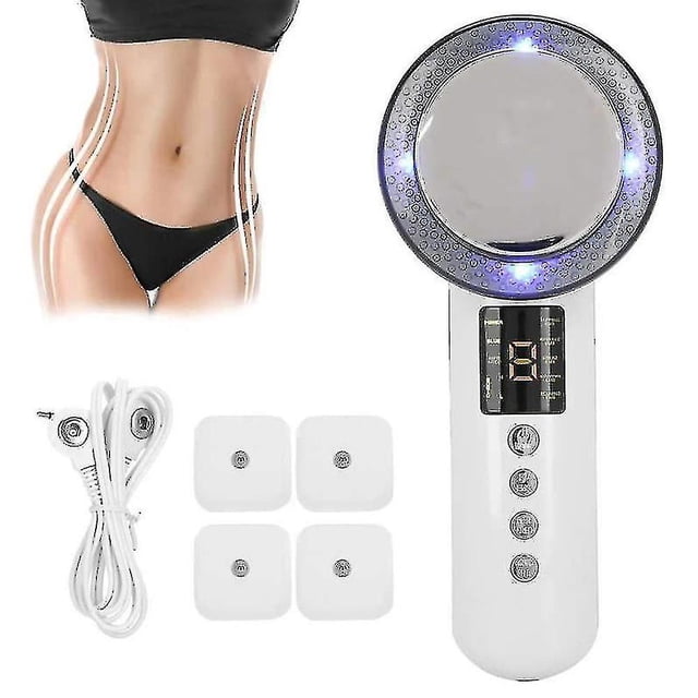 máquina para quemar grasa, máquina para adelgazar, masajeador de cavitación por ultrasonido, masajeador para perder peso Brillar: dispositivo de mano blanco con cabezal circular de superficie reflectante y anillo de luces LED azules, pantalla digital y cuatro botones; incluye cuatro electrodos adhesivos cuadrados y cable; sobre fondo blanco con silueta de cintura que sugiere uso en abdomen; a menudo usado como complemento de rutinas de cuidado personal y masajeadores eléctricos en casa.