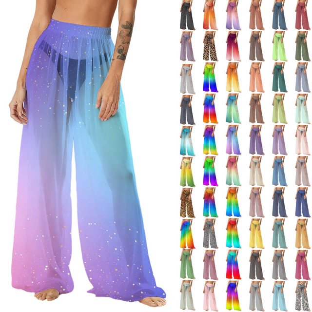 Pincandy Women's Cover Up Pants Sheer Sarong Coverups Summer Boho Beach Pant Elastic Waist Palazzo Cover Up Pants