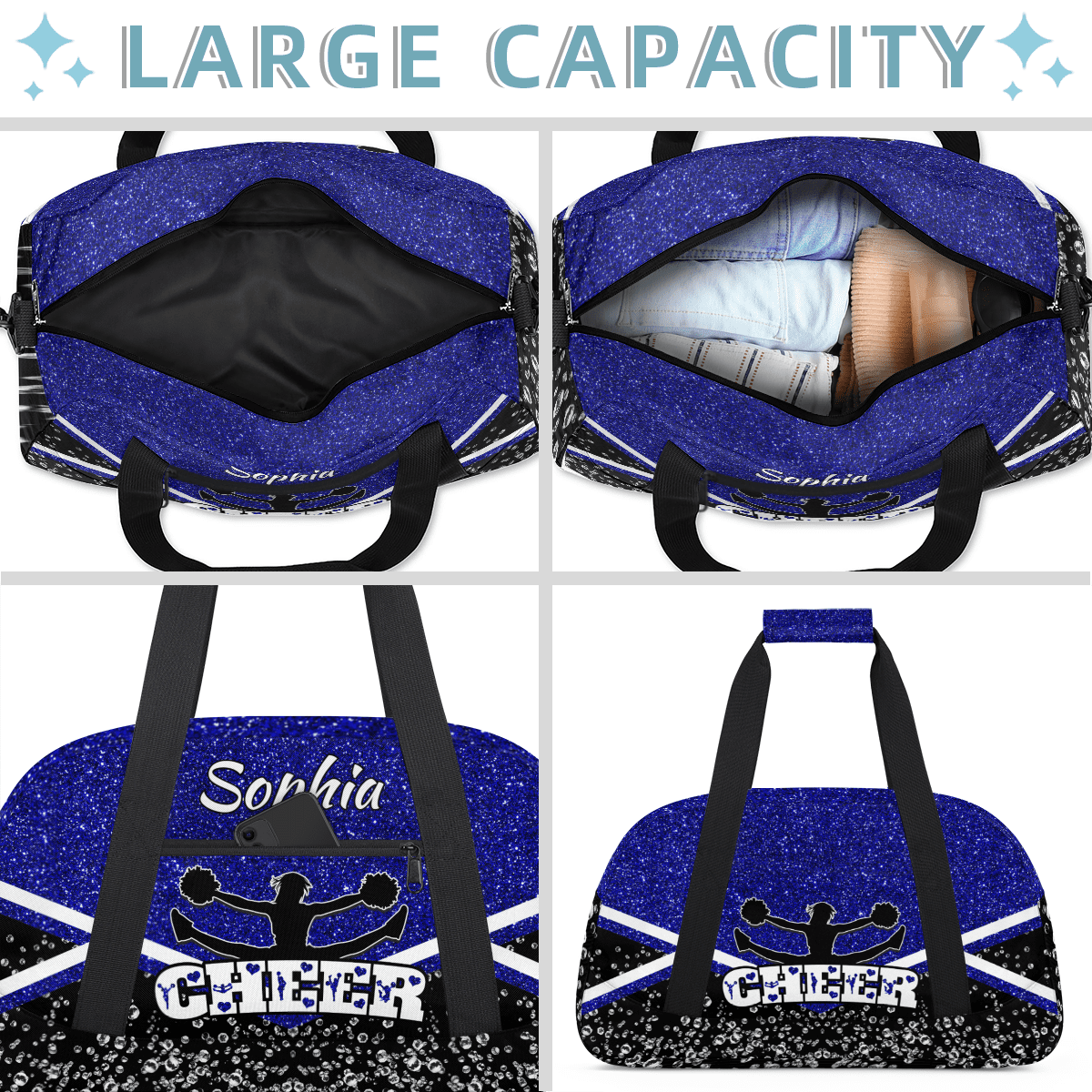 Jiaoprinted Personalized Cheerleader Bag Dance Bag, Custom Sport Gym Bag with Name, Customized Travel Duffel Bag for Cheer Team, Blue Glitter