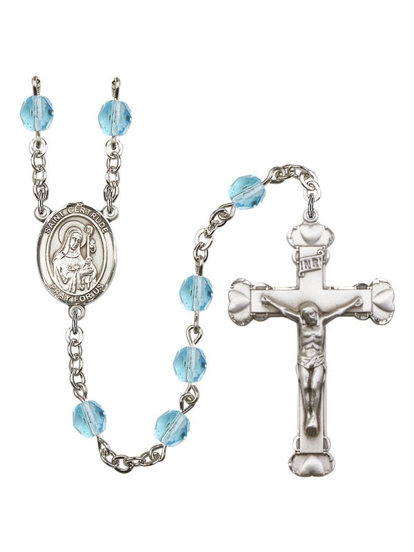 Gertrude of Nivelles Rosary with 6mm Saphire Color Fire Polished Beads Gift Boxed and 1 3/8 x 3/4 inch Crucifix Gertrude of Nivelles Center St Silver Finish St